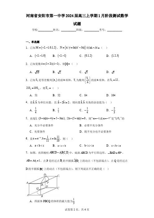 河南省安阳市第一中学2024届高三上学期1月阶段测试数学试题