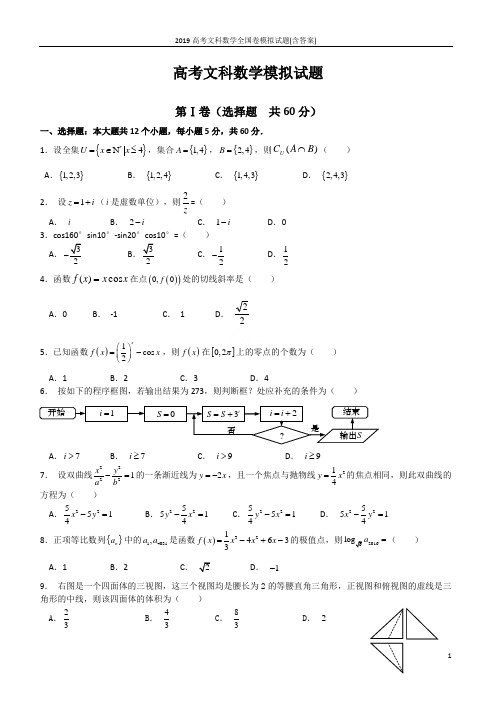 2019高考文科数学全国卷模拟试题(含答案)