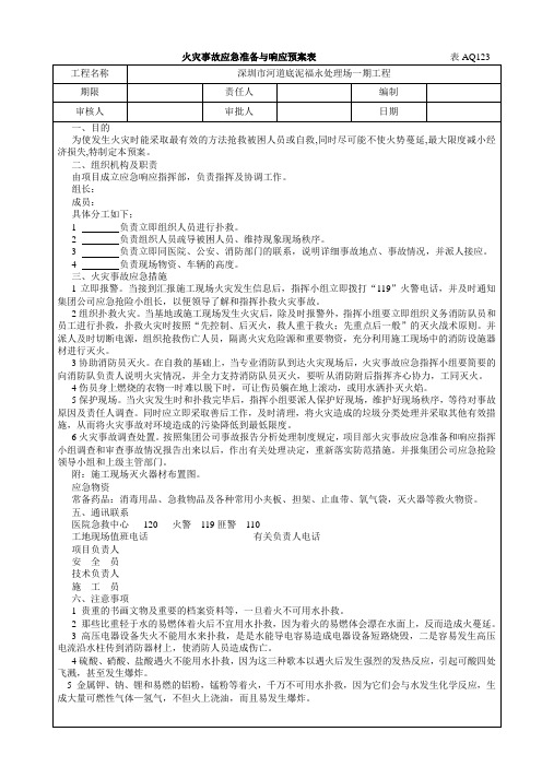 安全：火灾事故应急准备与响应预案表