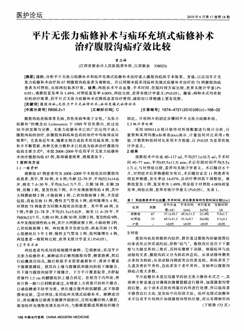 平片无张力疝修补术与疝环充填式疝修补术治疗腹股沟疝疗效比较