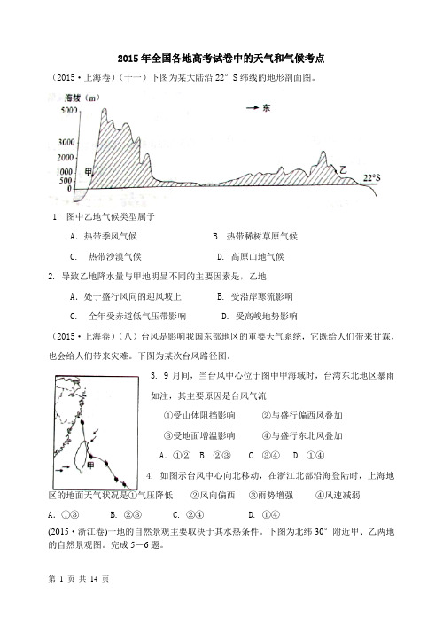 2015年全国各地高考试卷中的天气和气候考点