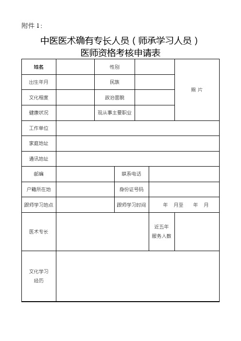 中医医术确有专长人员医师资格考核申请表