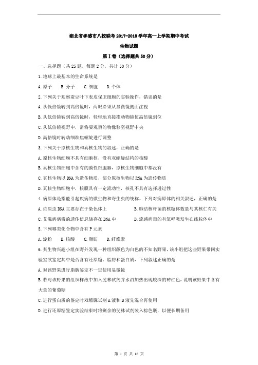 湖北省孝感市八校联考2017-2018学年高一上学期期中考试