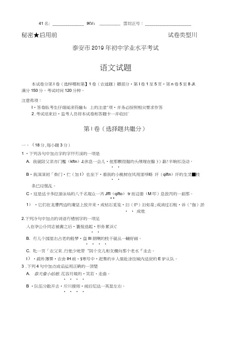 山东省泰安市2019年初中学业水平考试语文试题(图片版,有答案)