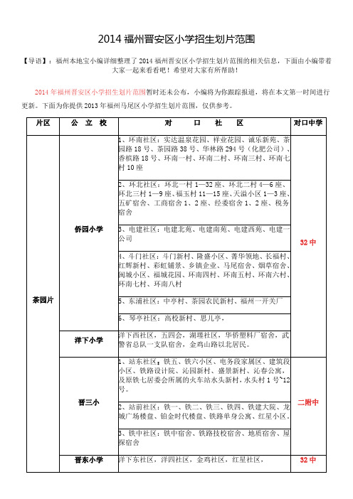 2014福州晋安区小学招生划片范围