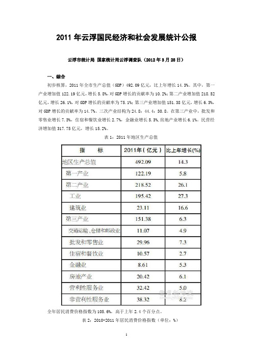 2011年云浮国民经济和社会发展统计公报