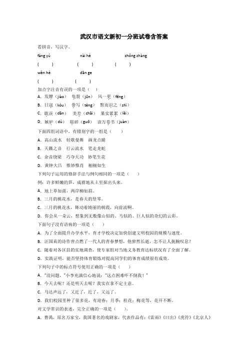 武汉市语文新初一分班试卷含答案