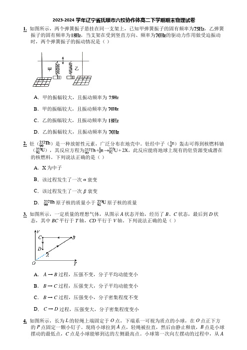 2023-2024学年辽宁省抚顺市六校协作体高二下学期期末物理试卷