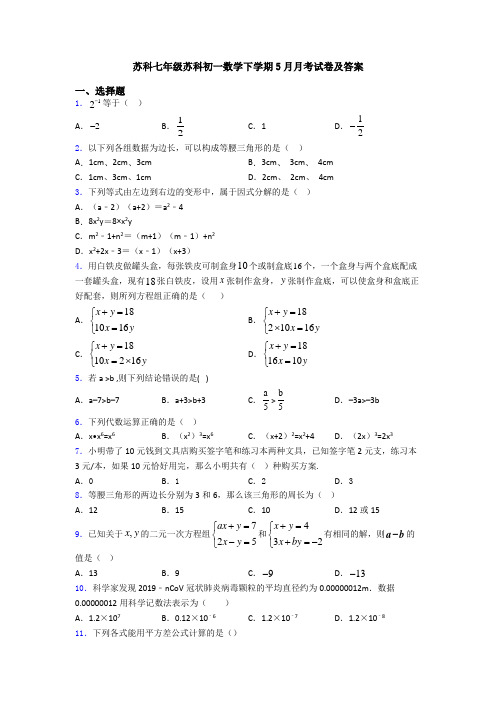 苏科七年级苏科初一数学下学期5月月考试卷及答案