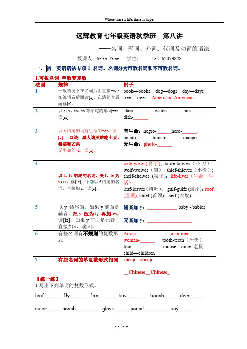 新目标英语七年级上册名词冠词代词等总结与练习题