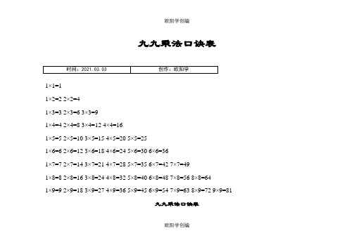 小学生九九乘法口诀表(打印版)之欧阳学创编