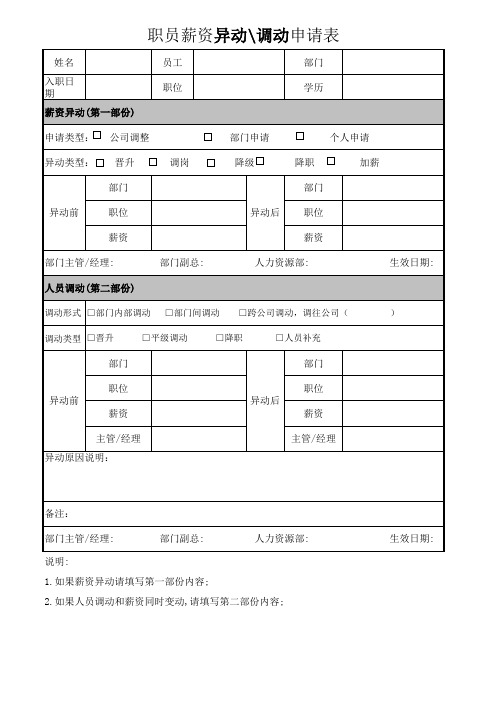 薪资异动调动申请表