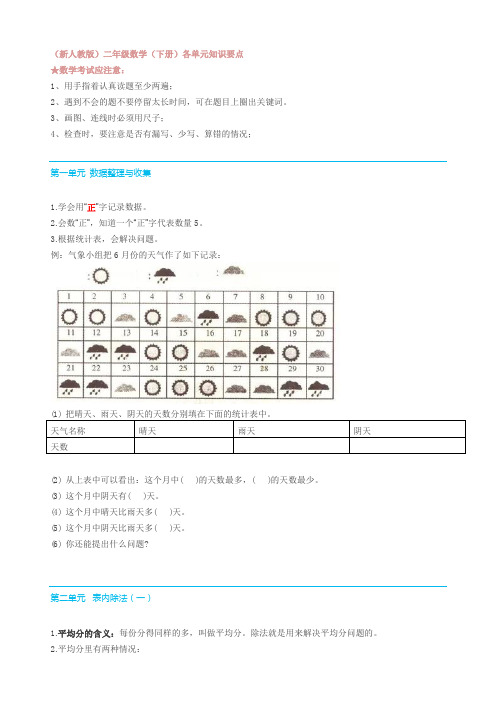 (新人教版)二年级数学(下册)各单元知识要点