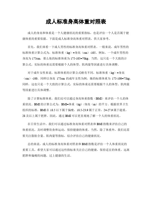 成人标准身高体重对照表