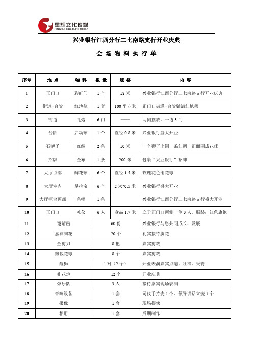 兴业银行开业庆典会场布置物料执行单