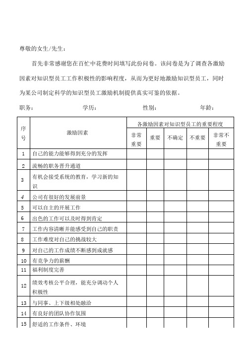 知识型员工激励因素重要性调查表