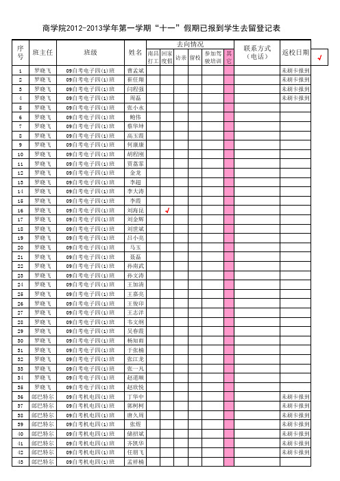 班级国庆假期学生去向登记表