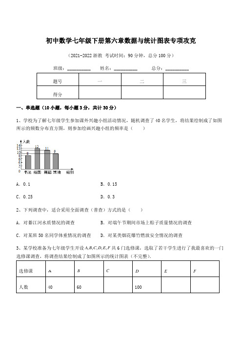 中考专题特训浙教版初中数学七年级下册第六章数据与统计图表专项攻克练习题(无超纲)