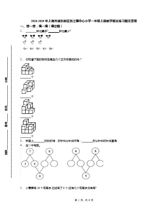 2018-2019年上海市浦东新区张江镇中心小学一年级上册数学期末练习题无答案