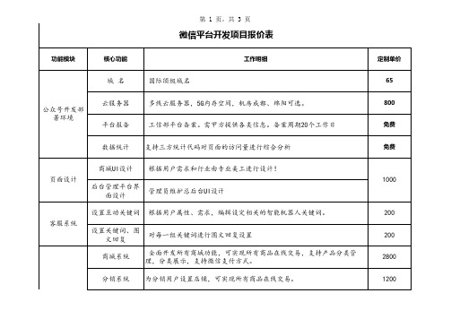 微信建设报价表