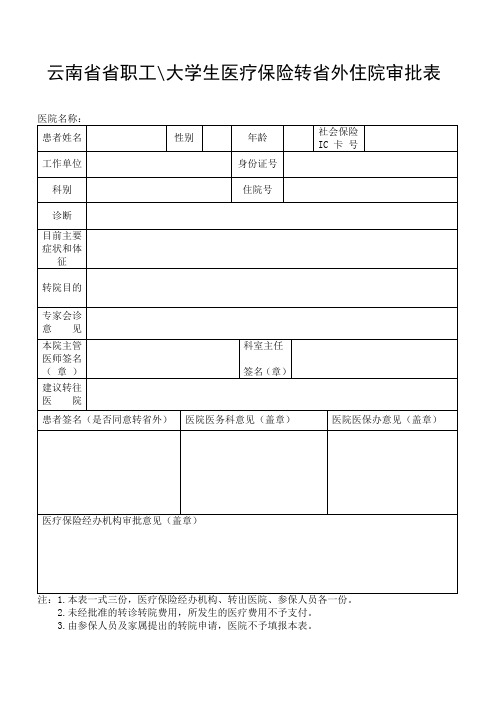 云南省省职大学生医疗保险转省外住院审批表