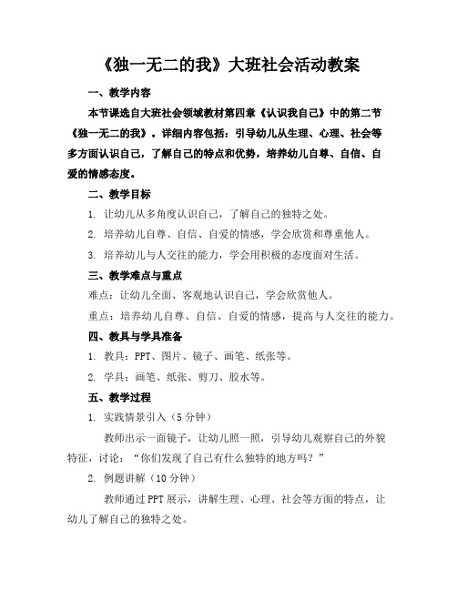 《独一无二的我》大班社会活动教案