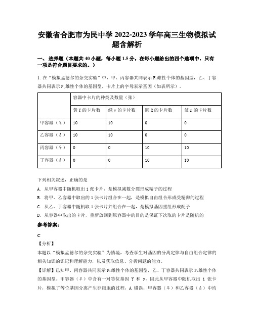 安徽省合肥市为民中学2022-2023学年高三生物模拟试题含解析