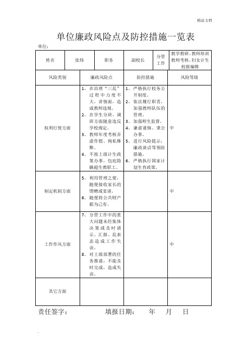 学校领导廉政风险点及防控措施一览表