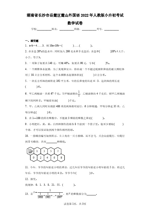 湖南省长沙市岳麓区麓山外国语2022年人教版小升初考试数学试卷(含答案解析)