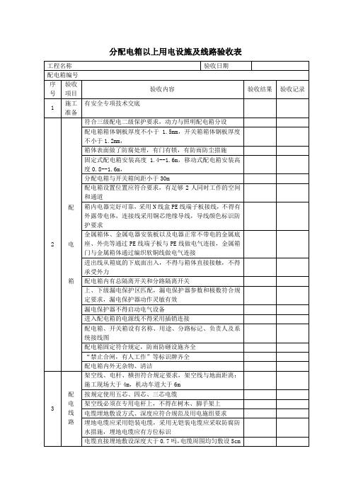 分配电箱以上用电设施及线路验收表