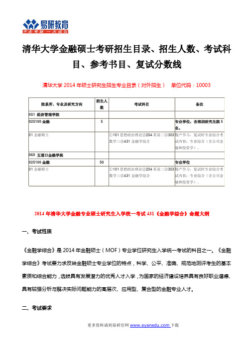 清华大学金融硕士考研招生目录、招生人数、考试科目、参考书目、复试分数线