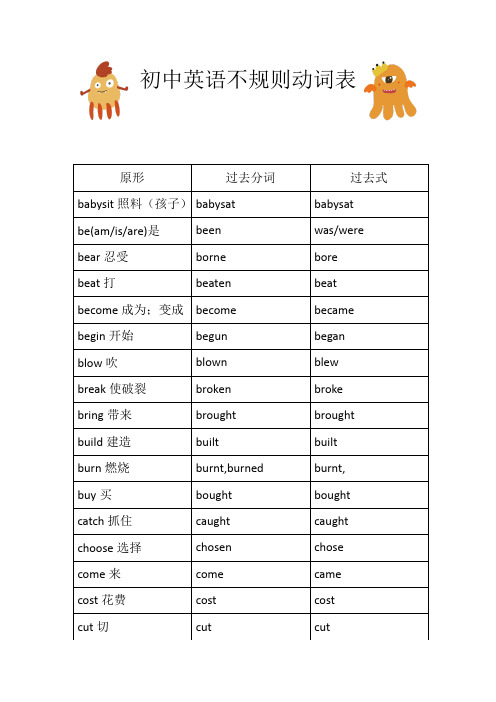 初中英语不规则动词表大全