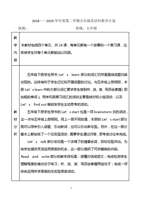 英语教学计划(五下)