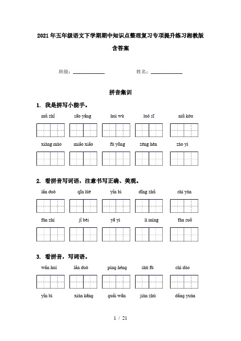 2021年五年级语文下学期期中知识点整理复习专项提升练习湘教版含答案