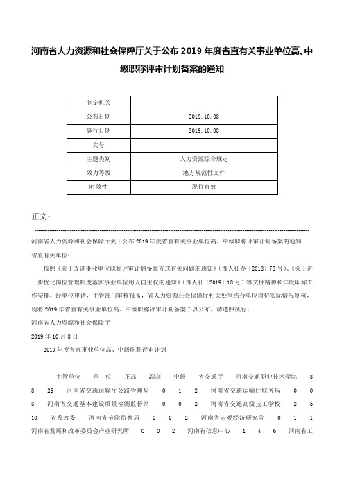 河南省人力资源和社会保障厅关于公布2019年度省直有关事业单位高、中级职称评审计划备案的通知-