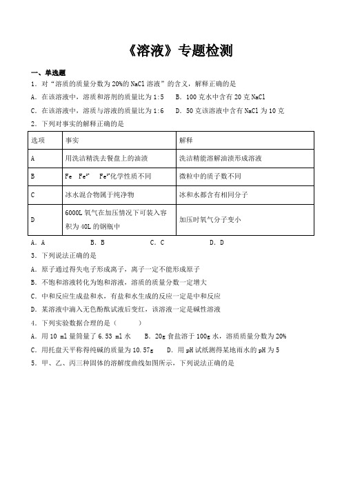 人教版初中化学2020中考复习专题《溶液》专题检测(含答案)