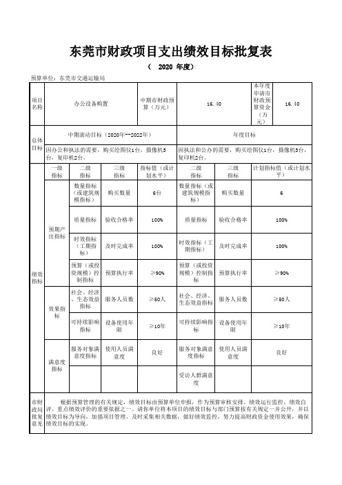 东莞市交通运输局_办公设备购置项目支出绩效目标批复表