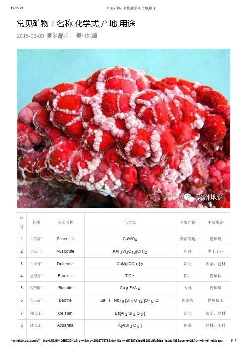 常见矿物：名称,化学式,产地,用途