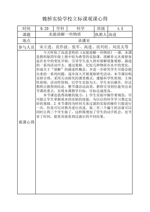 观课心得 科学《水能溶解一些物质》  董金宝