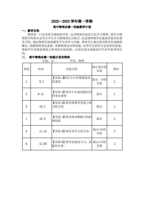 必修一物理实验教学计划(1)