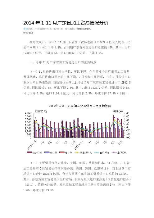 2014年1-11月广东省加工贸易情况分析