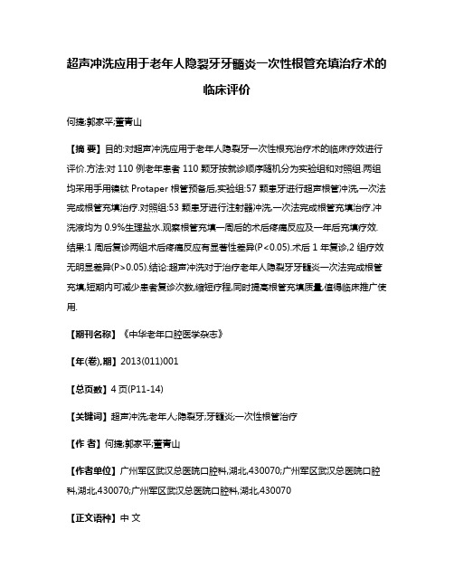 超声冲洗应用于老年人隐裂牙牙髓炎一次性根管充填治疗术的临床评价