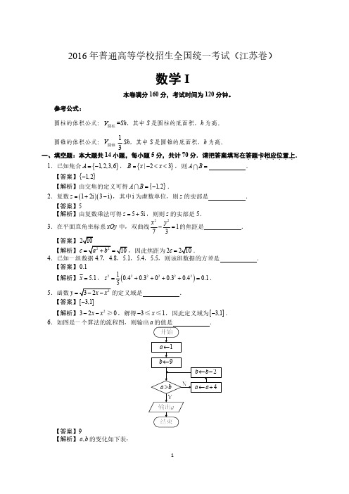 2016年江苏省高考数学试题(精校高清)