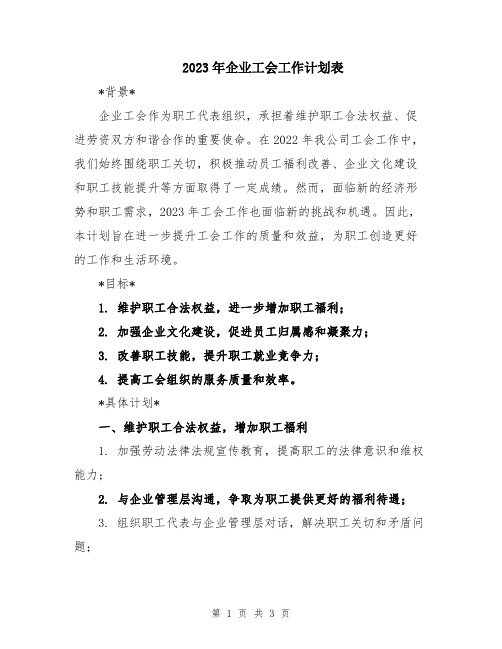 2023年企业工会工作计划表