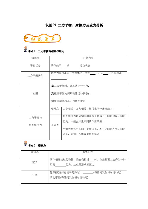 二力平衡、摩擦力及受力分析(原卷版)-备战2023年中考物理精选考点专练(知识清单+基础+拔高) 本