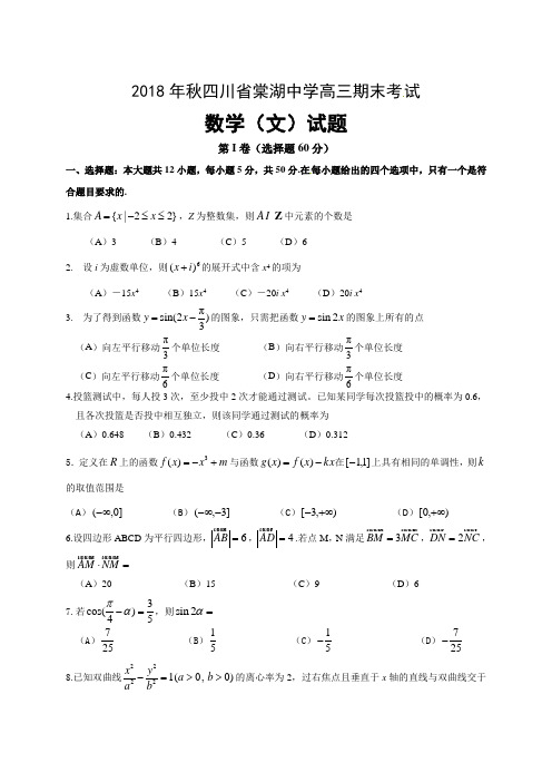 四川省棠湖中学2019届高三上学期期末考试数学(文)试题(wold含答案)