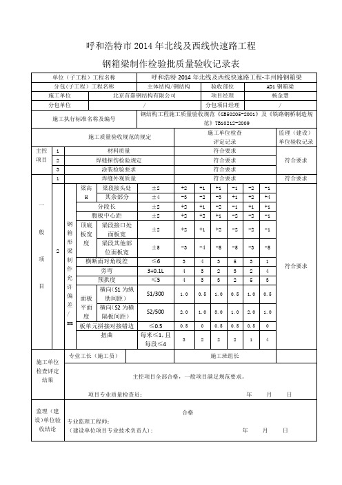 钢箱梁制作检验批质量验收记录表