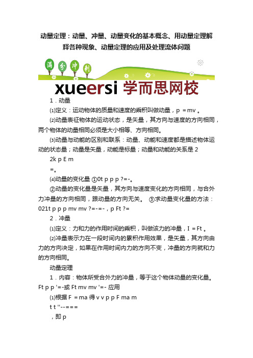 动量定理：动量、冲量、动量变化的基本概念、用动量定理解释各种现象、动量定理的应用及处理流体问题