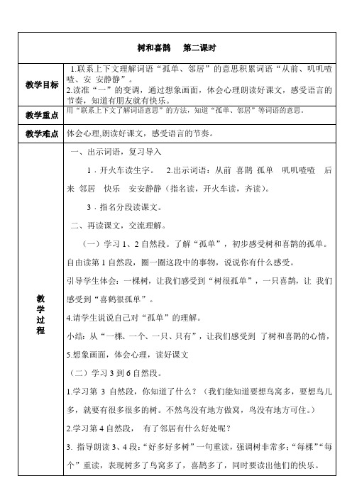 部编版小学一年级语文下册教学设计 树和喜鹊第二课时