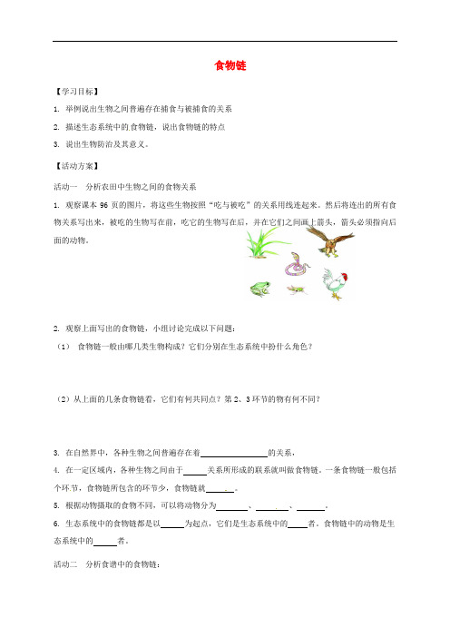 江苏省洪泽县七年级生物上册 第6章 第1节 食物链导学案(无答案)(新版)苏科版